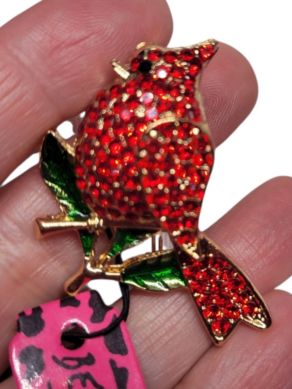 Red Crystal Cardinal Brooch with Green Enamel Leaves Gold Tone Cute